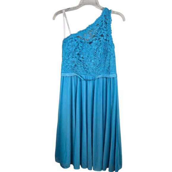 David's Bridal Short One Shoulder Lace Dress Marine Blue Prom Formal Bridesmaid - Picture 7 of 13